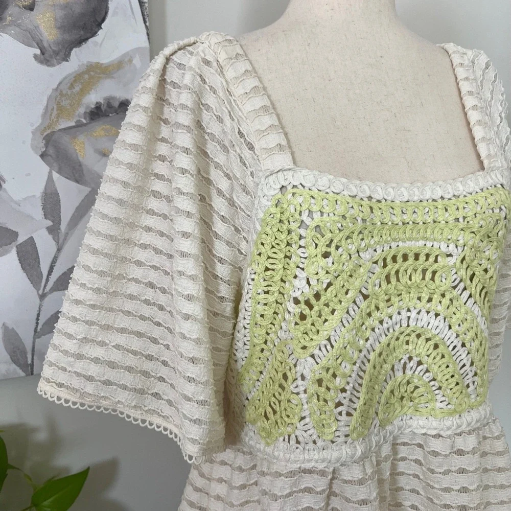 Anthropologie Sarah Hann Crochet Top Cream Peplum Boho Cottagecore Babydoll